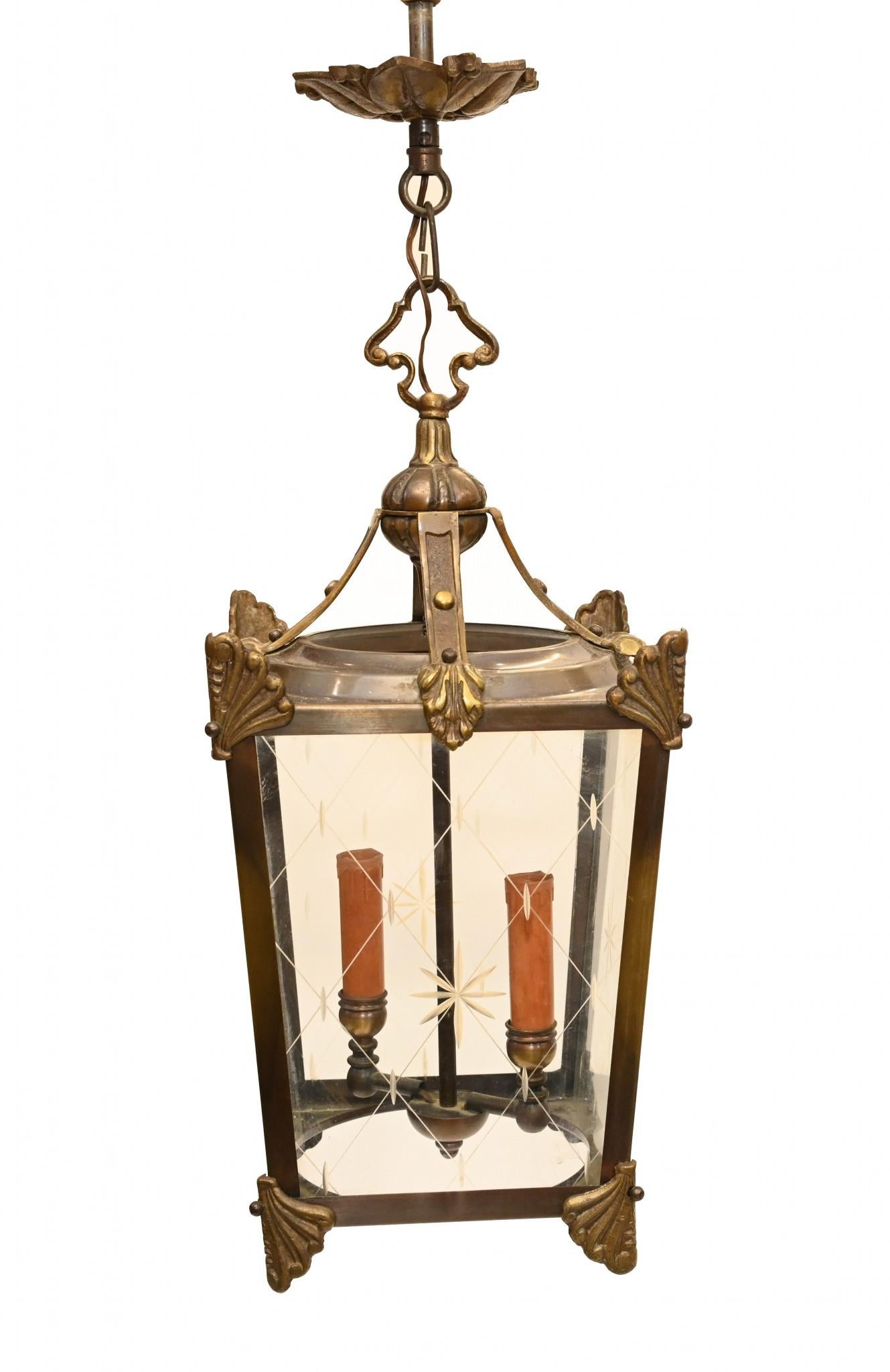 Late 20th Century Victorian Hanging Lantern Brass Hall Light For Sale