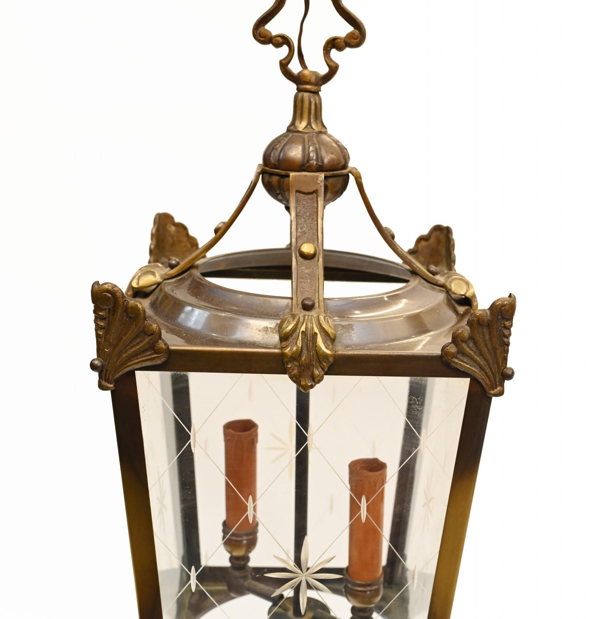 Victorian Hanging Lantern Brass Hall Light For Sale 1