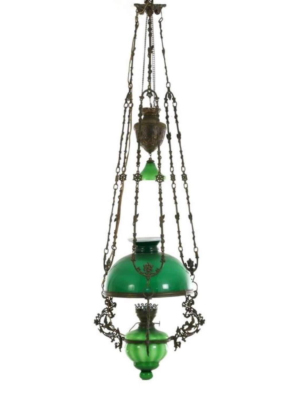 English Victorian Hanging Oil Lamp Converted to Electric Chandelier, England