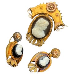 Victorian 14kt gold Carved Cameo Drop Earrings Pin Brooch Set
