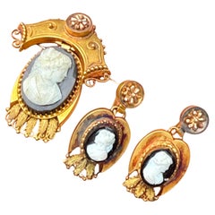 Antique Victorian Hard Stone Cameo Drop Earrings Pin Brooch Set