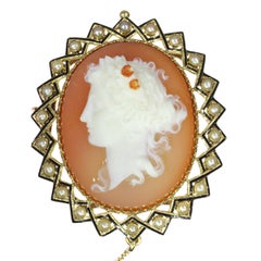 Victorian Hard Stone Cameo in Gold Mounting with Half Seed Pearls Black Enamel