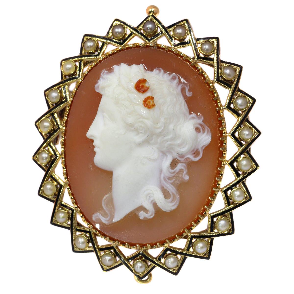 Victorian Hard Stone Cameo in Gold Mounting with Half Seed Pearls Black Enamel For Sale
