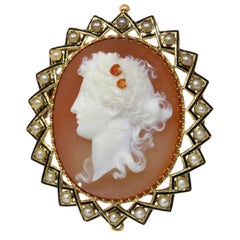 Victorian Hard Stone Cameo in Gold Mounting with Half Seed Pearls Black Enamel