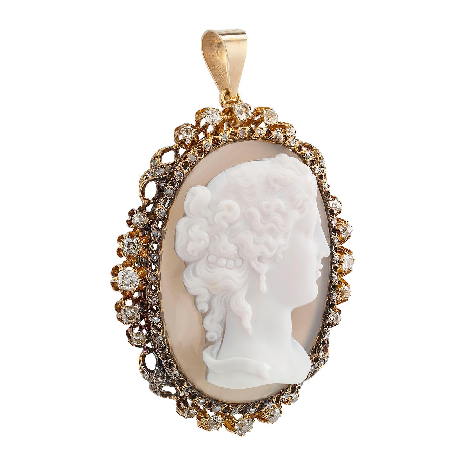  Victorian hardstone diamond gold and silver cameo brooch pendant circa 1880.

DETAILS:
DIAMONDS:  twenty old mine-cut and fifty-nine rose-cut diamonds together totaling approximately 2.50 carats.

METAL:  18-karat yellow gold, silver, and 14-karat