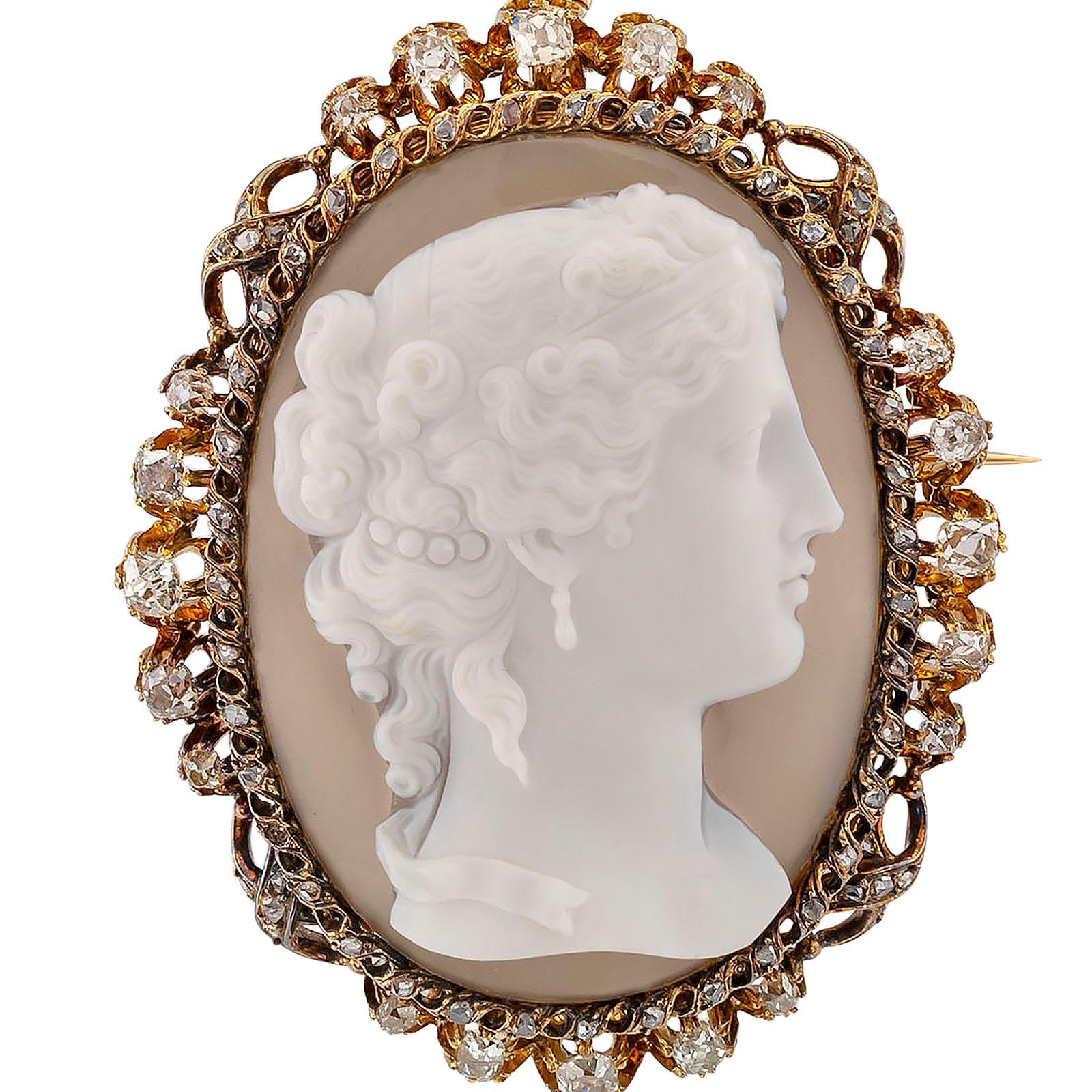 Victorian Hardstone Cameo Diamond Gold Silver Brooch Pendant In Good Condition In Los Angeles, CA