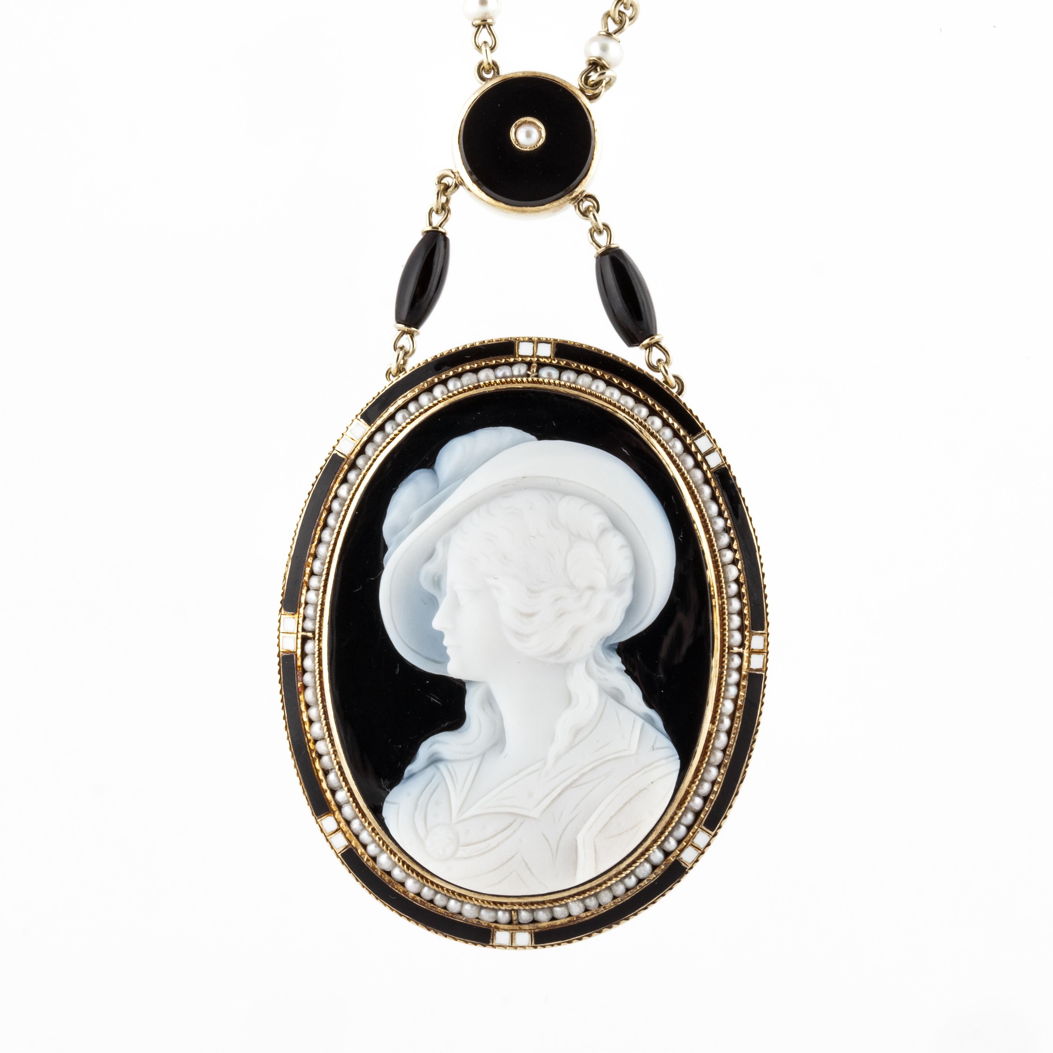 Bead Victorian Hardstone Cameo Mourning Necklace in 14K Gold