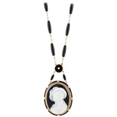 Victorian Hardstone Cameo Mourning Necklace in 14K Gold