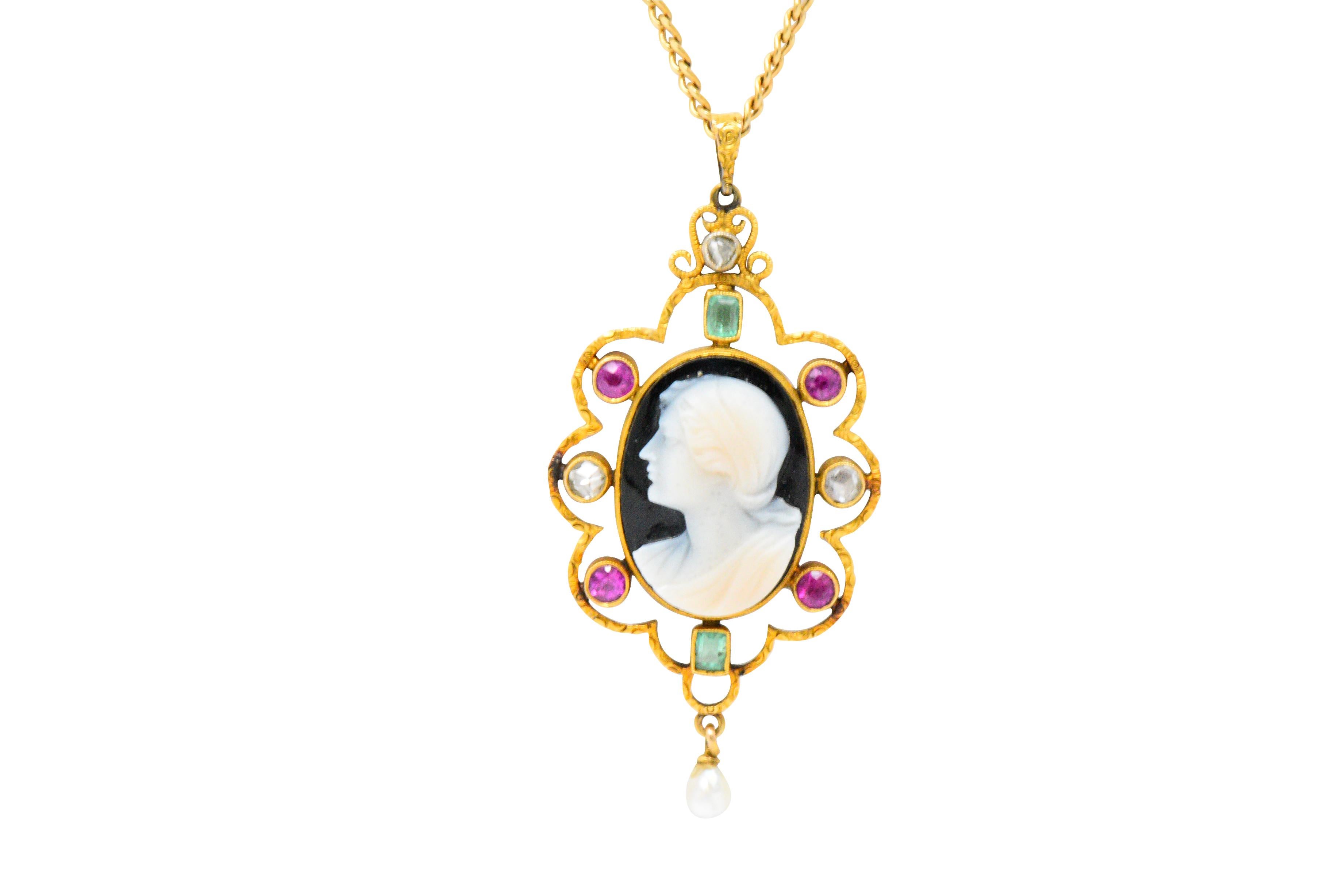 Women's or Men's Victorian Hardstone Cameo Multi-Gem Pearl 18 Karat Gold Pendant Necklace