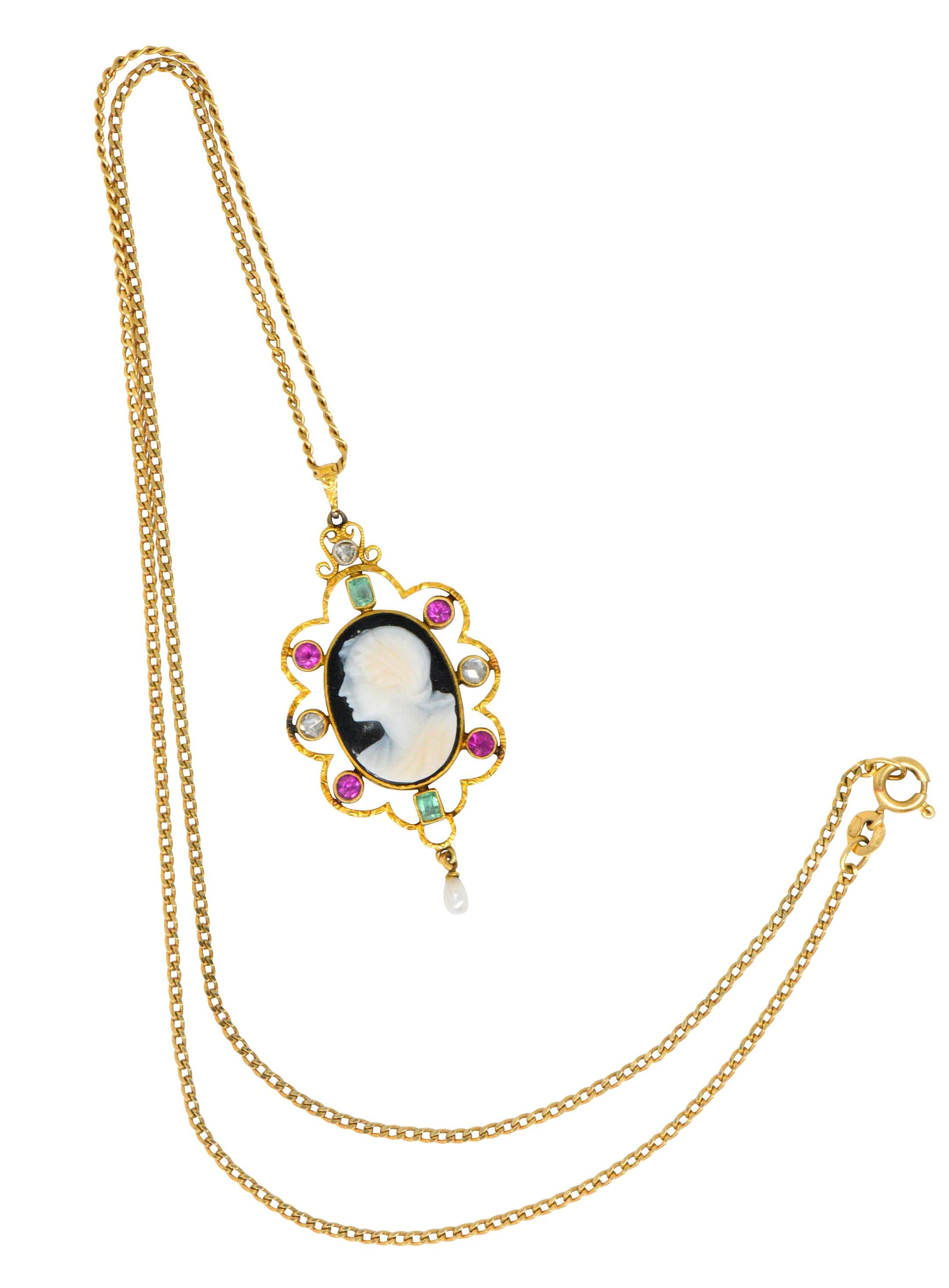 Victorian Hardstone Cameo Multi-Gem Pearl 18 Karat Gold Pendant Necklace 1