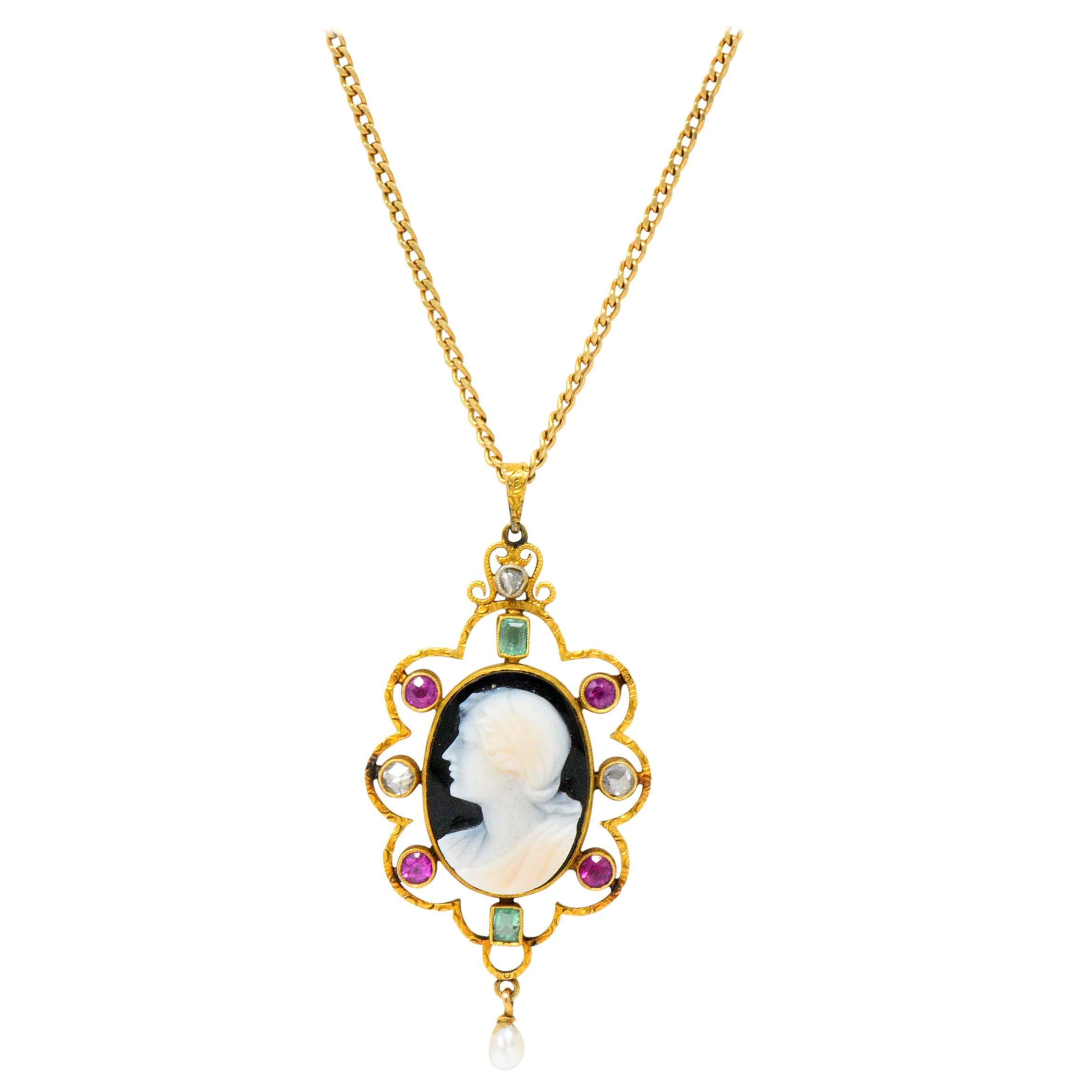 Victorian Hardstone Cameo Multi-Gem Pearl 18 Karat Gold Pendant Necklace