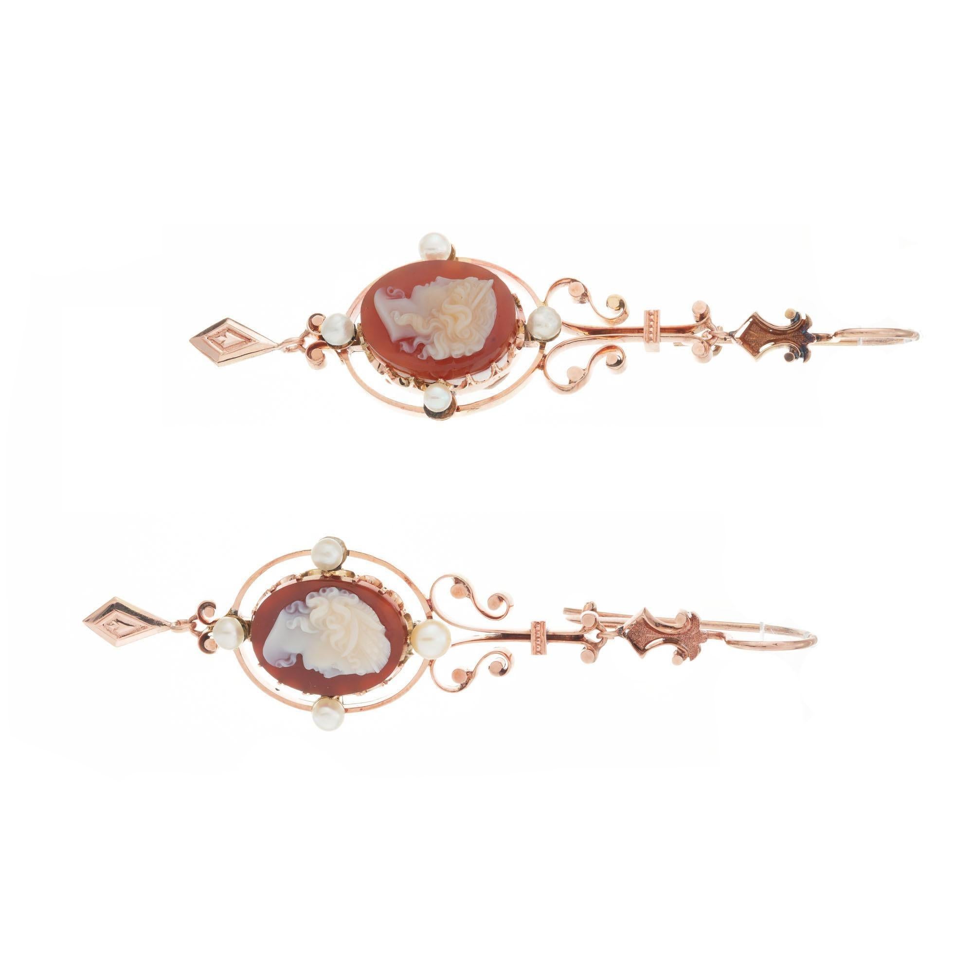 Victorian Hardstone Cameo Rose Gold Dangle Earrings In Good Condition For Sale In Stamford, CT