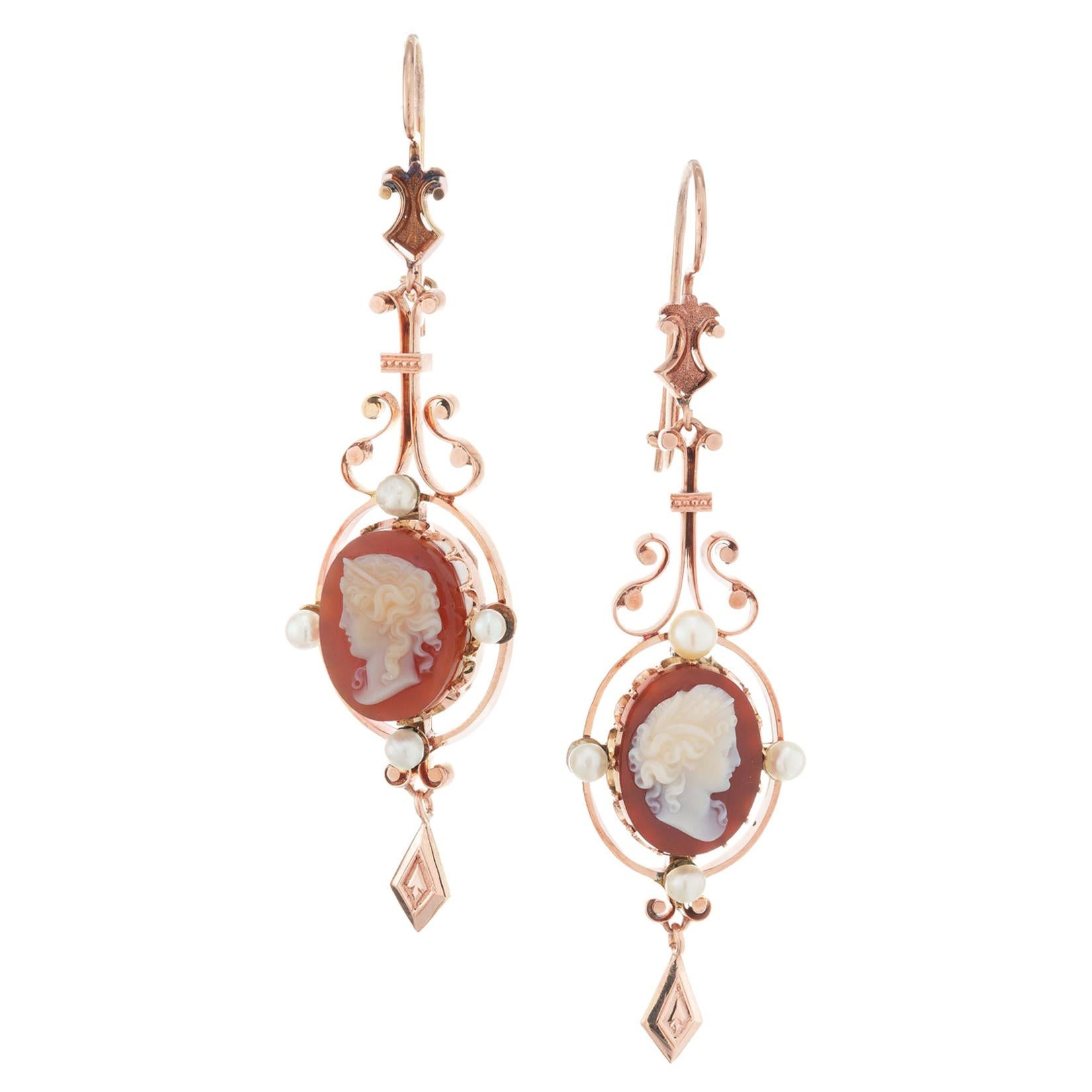 Victorian Hardstone Cameo Rose Gold Dangle Earrings