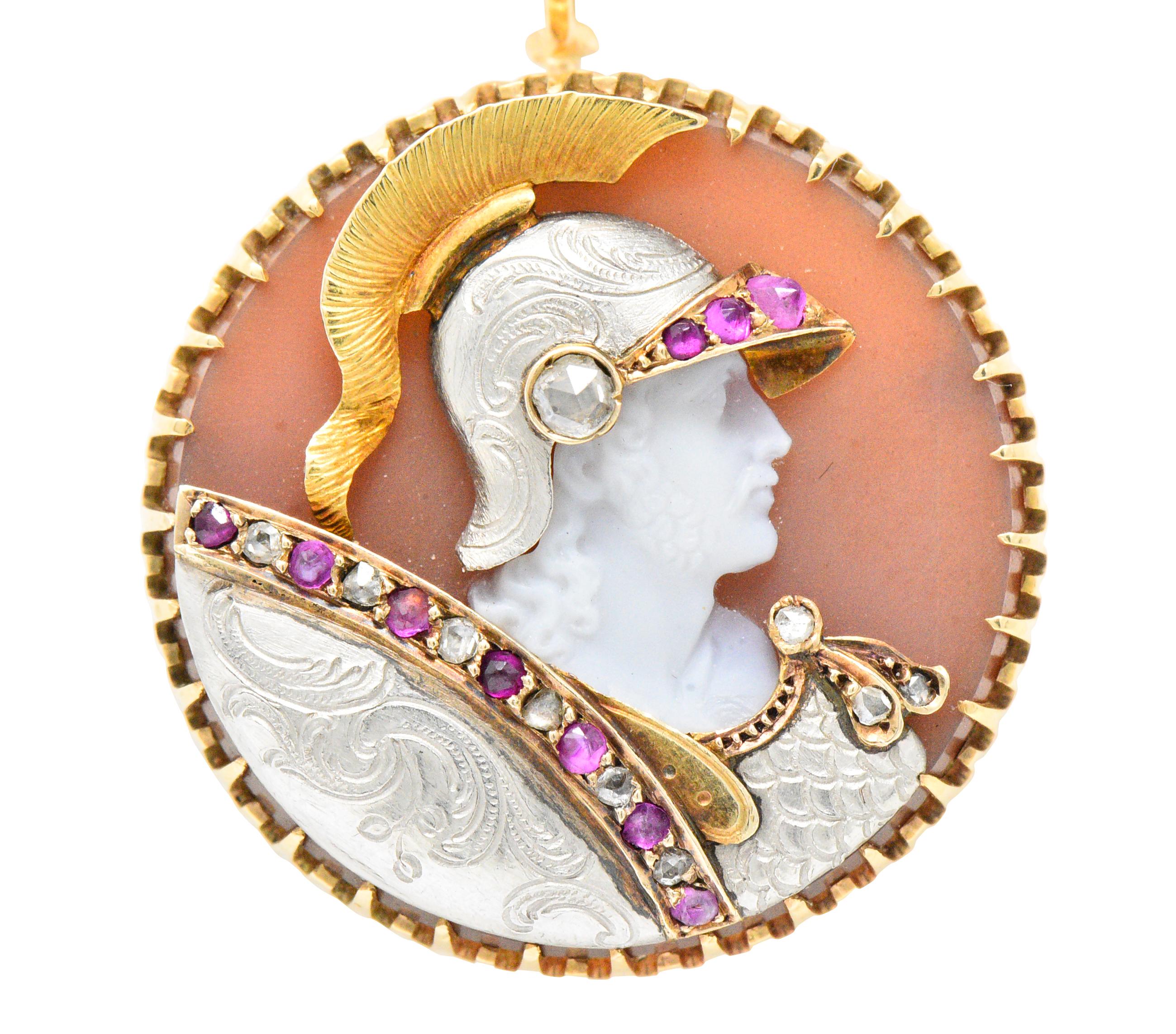 Round Cut Victorian Hardstone Diamond Ruby Gold Roman Soldier Cameo Pendant Necklace