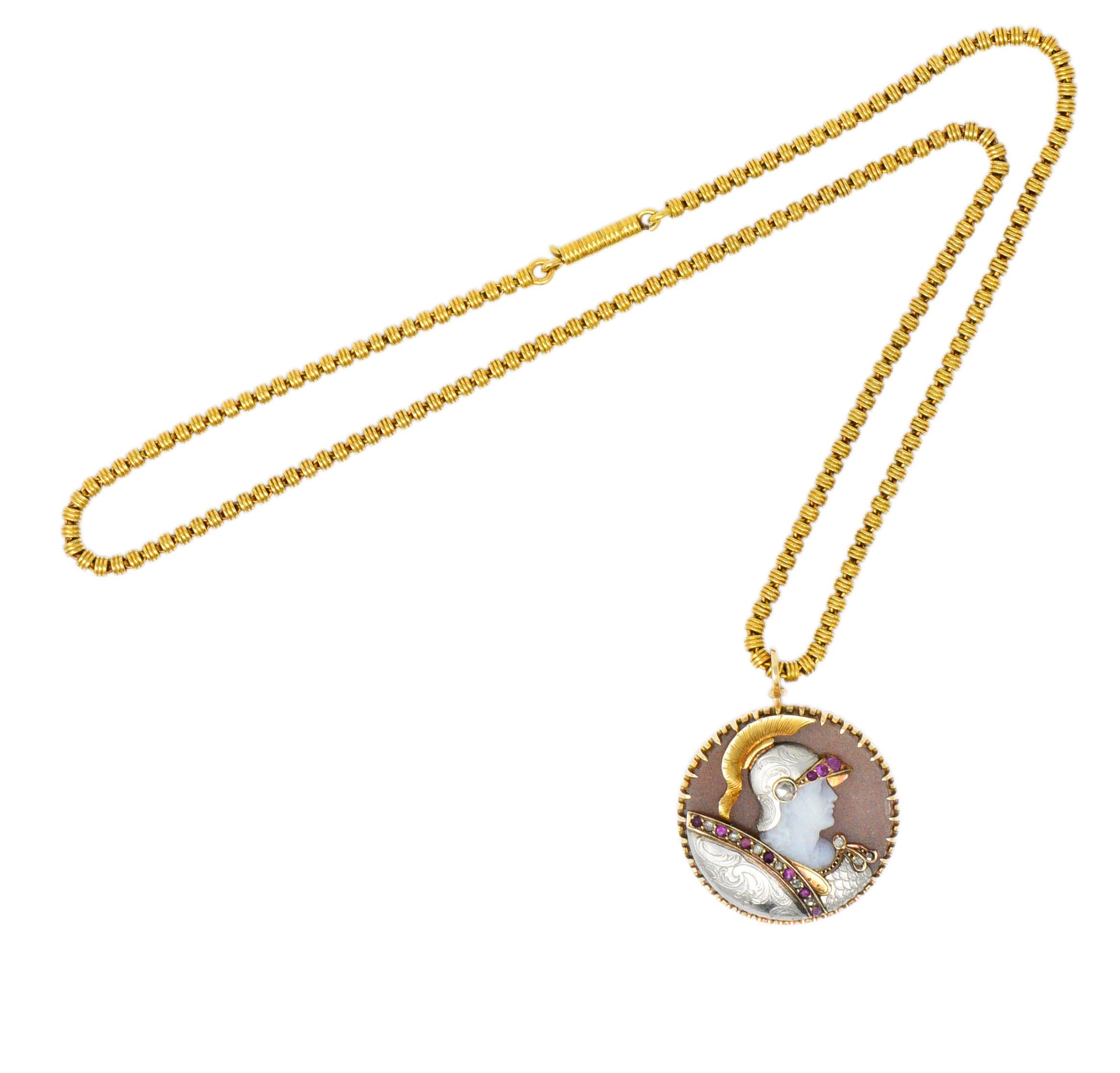 Victorian Hardstone Diamond Ruby Gold Roman Soldier Cameo Pendant Necklace 2