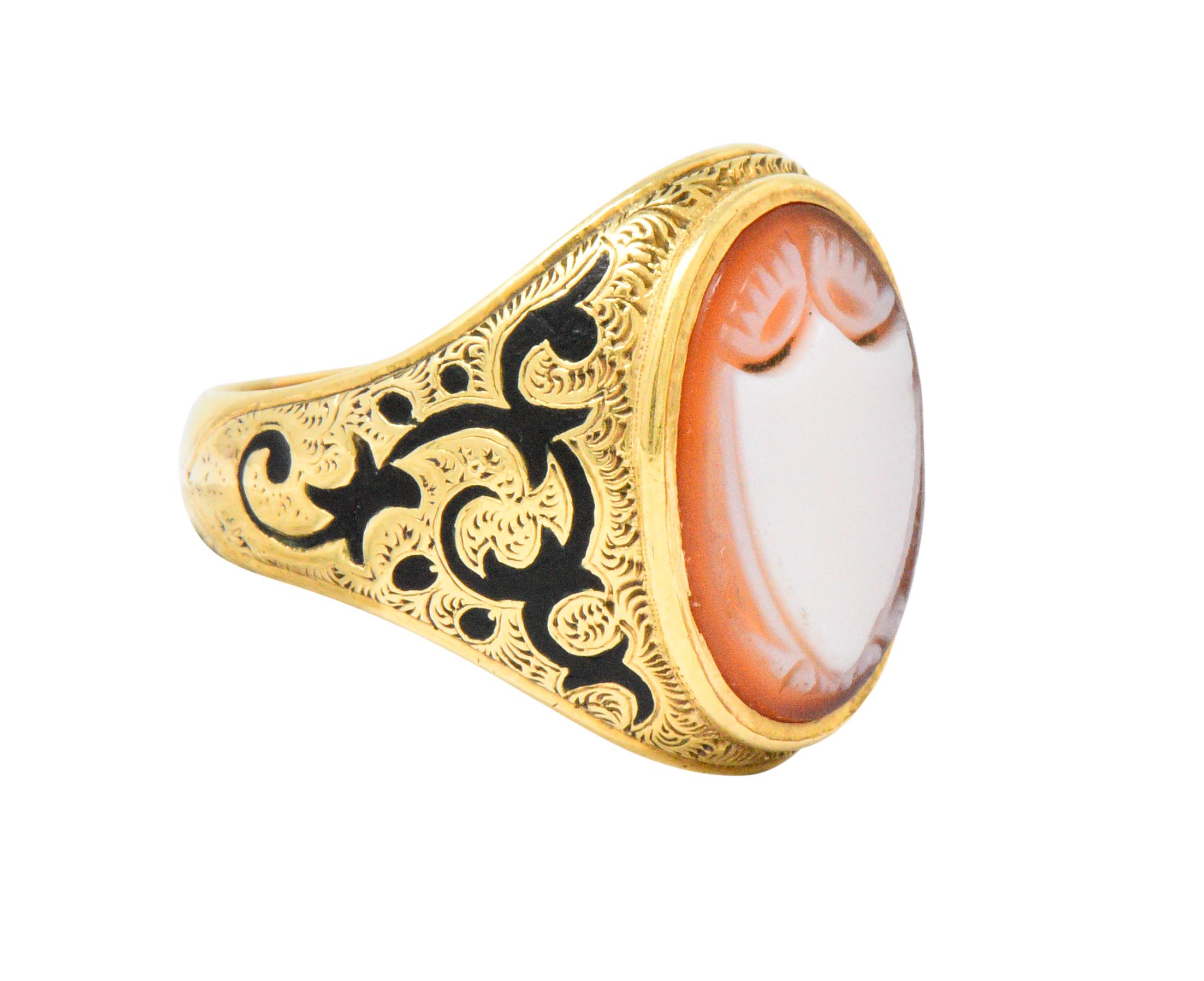 Victorian Carved Hardstone Enamel 14 Karat Gold Shield Unisex Signet Ring In Excellent Condition In Philadelphia, PA