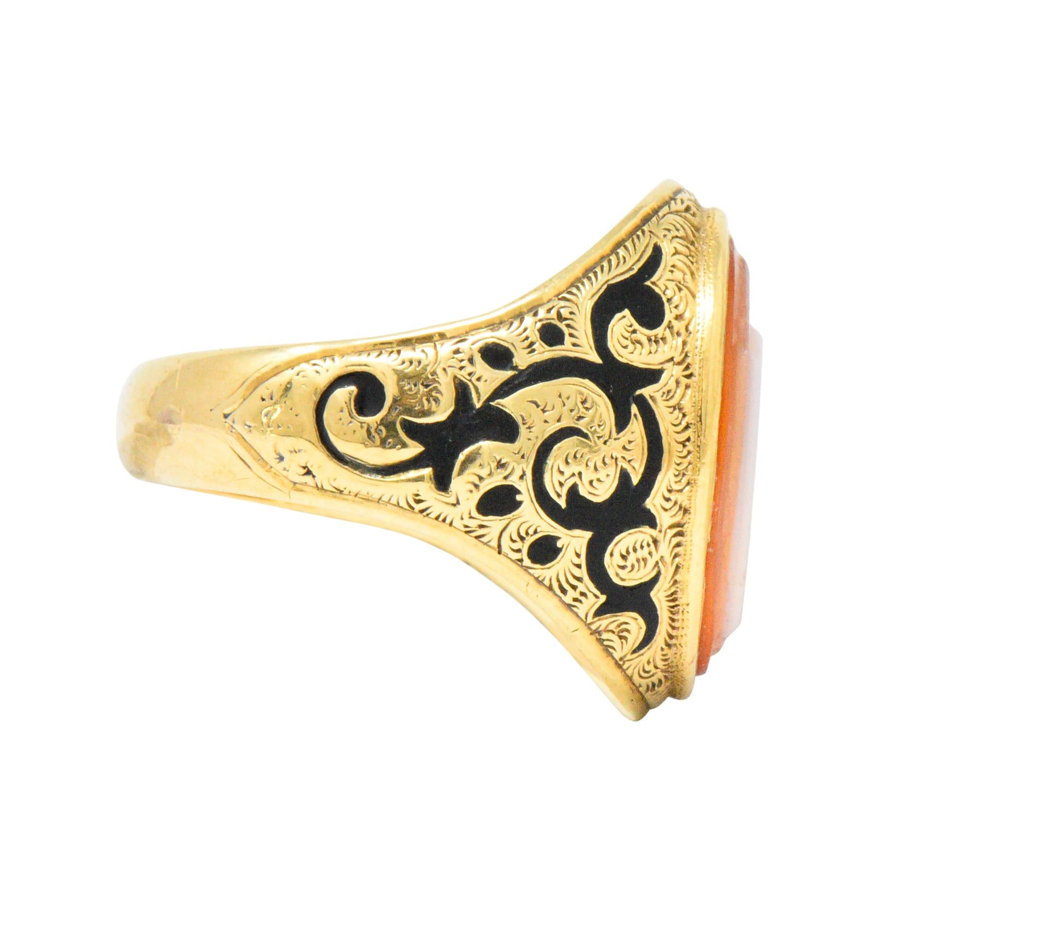 Victorian Carved Hardstone Enamel 14 Karat Gold Shield Unisex Signet Ring 1