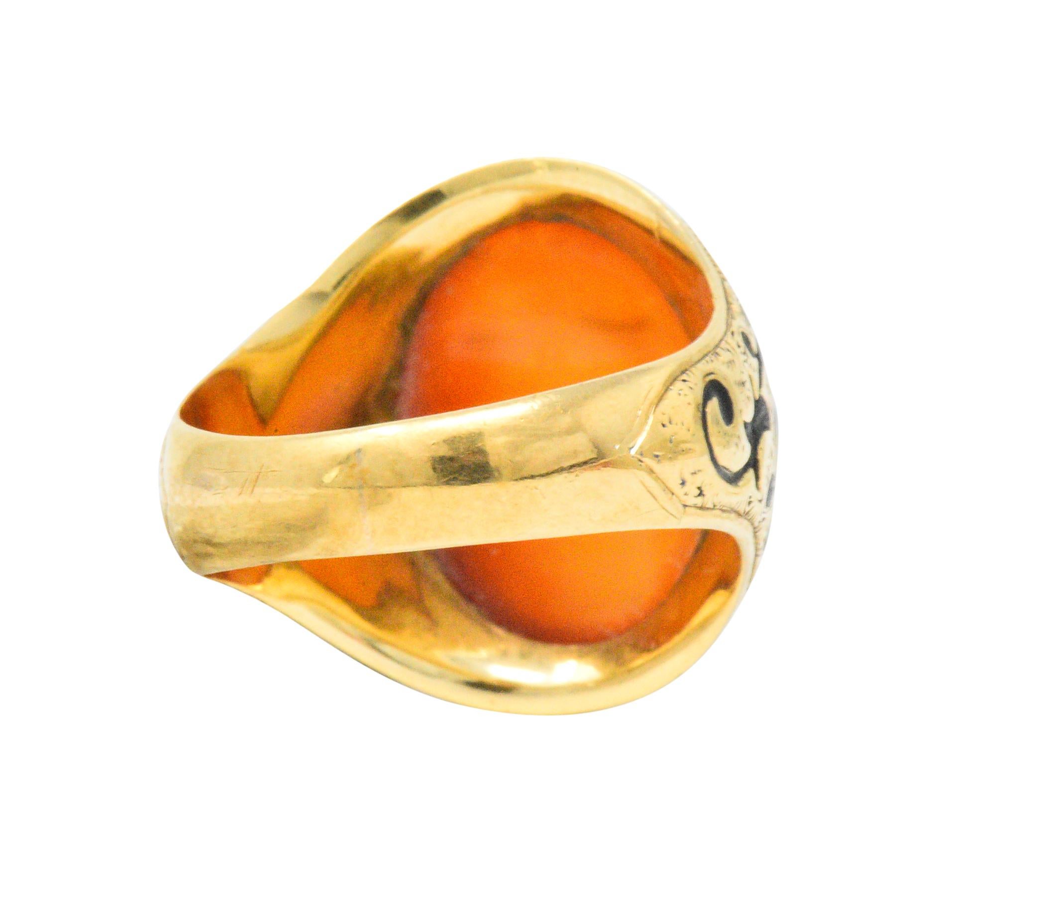 Victorian Carved Hardstone Enamel 14 Karat Gold Shield Unisex Signet Ring 2