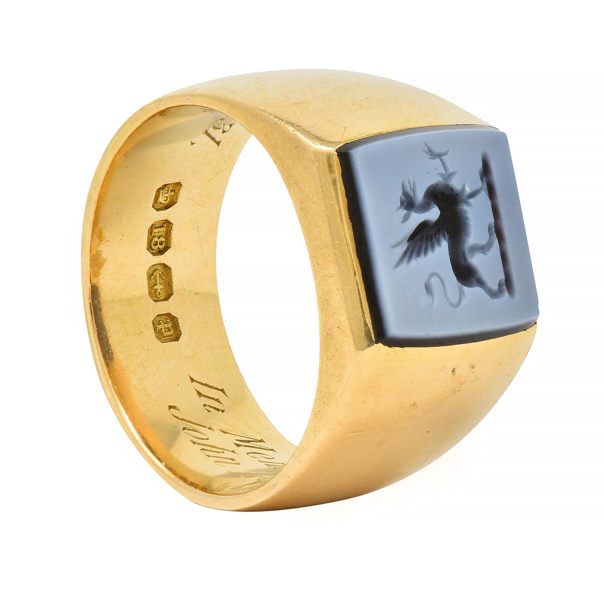 Victorian Hardstone Intaglio 18 Karat Yellow Gold Griffin Unisex Signet Ring For Sale 9
