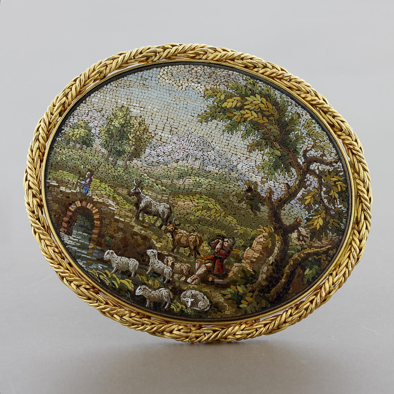 A beautiful realistic landscape painted with nothing but small pieces of marble and stone, this is a high quality micro mosaic made in the Victorian era. It has a lavish woven gold frame enhancing the overall look of the piece. 

Dimensions: 1.95 x
