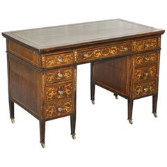 Antique Victorian Hardwood Marquetry Inlaid Writing Partner Desk Green Leather
