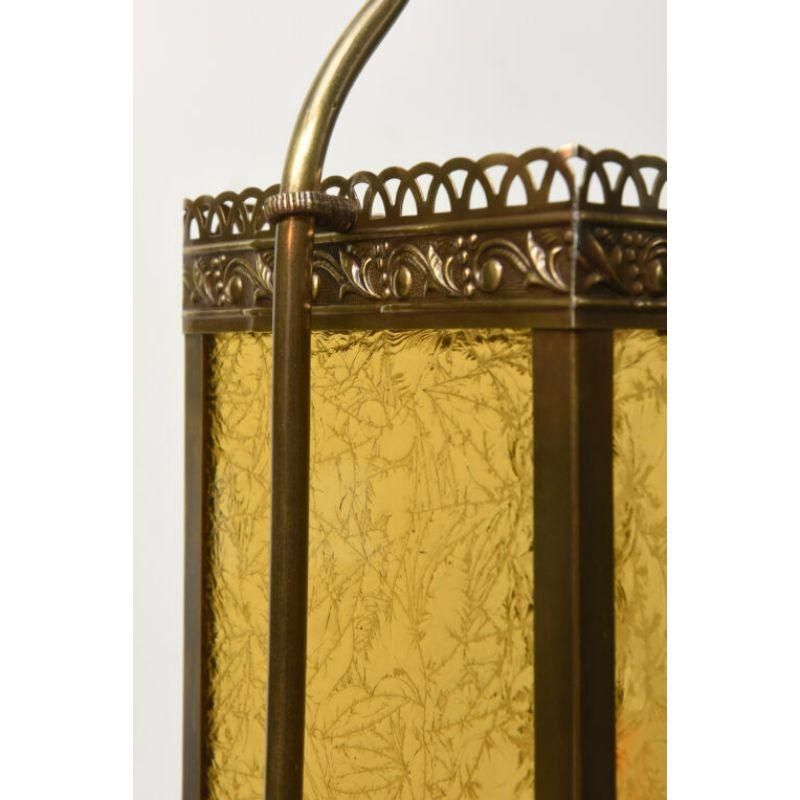 Harp lantern with single bulb, and original smoke bell. Amber glue chip glass. originally gas. American, C. 1860 completely restored with antique brass patina, rewired and ready to hang.

Dimensions: 
Height: 36
Width (Diameter): 9.