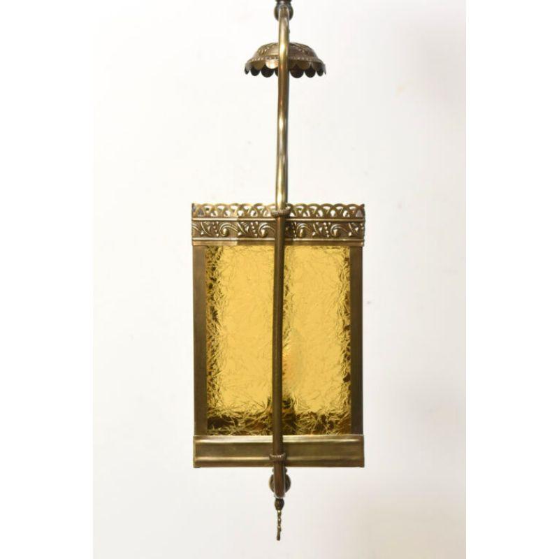 Brass Victorian Harp Lantern with Amber Glass For Sale