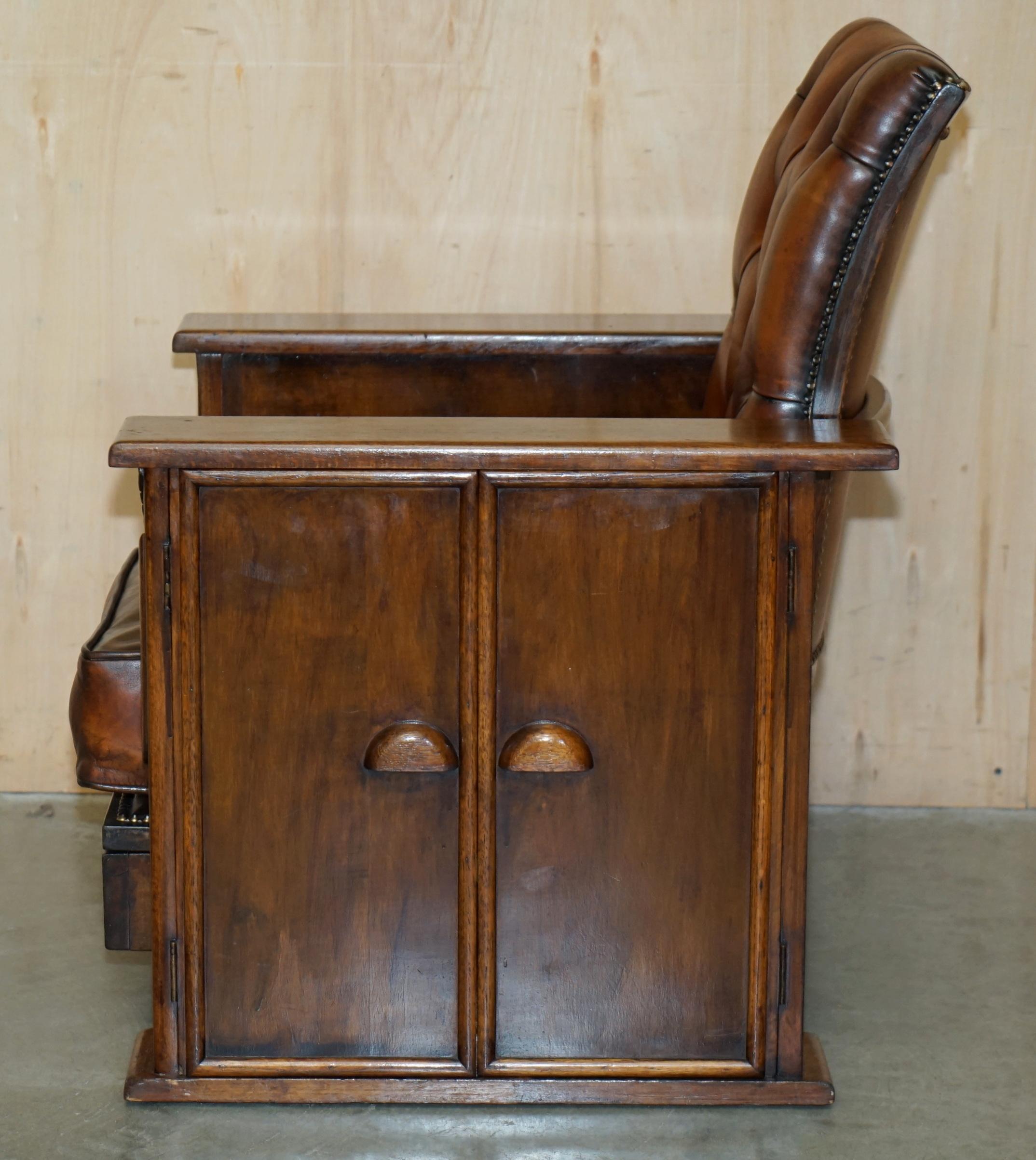 VICTORIAN HARROPS CHESTERFiELD BROWN LEATHER RECLINER DRINKS CABINET ARMCHAIR 5