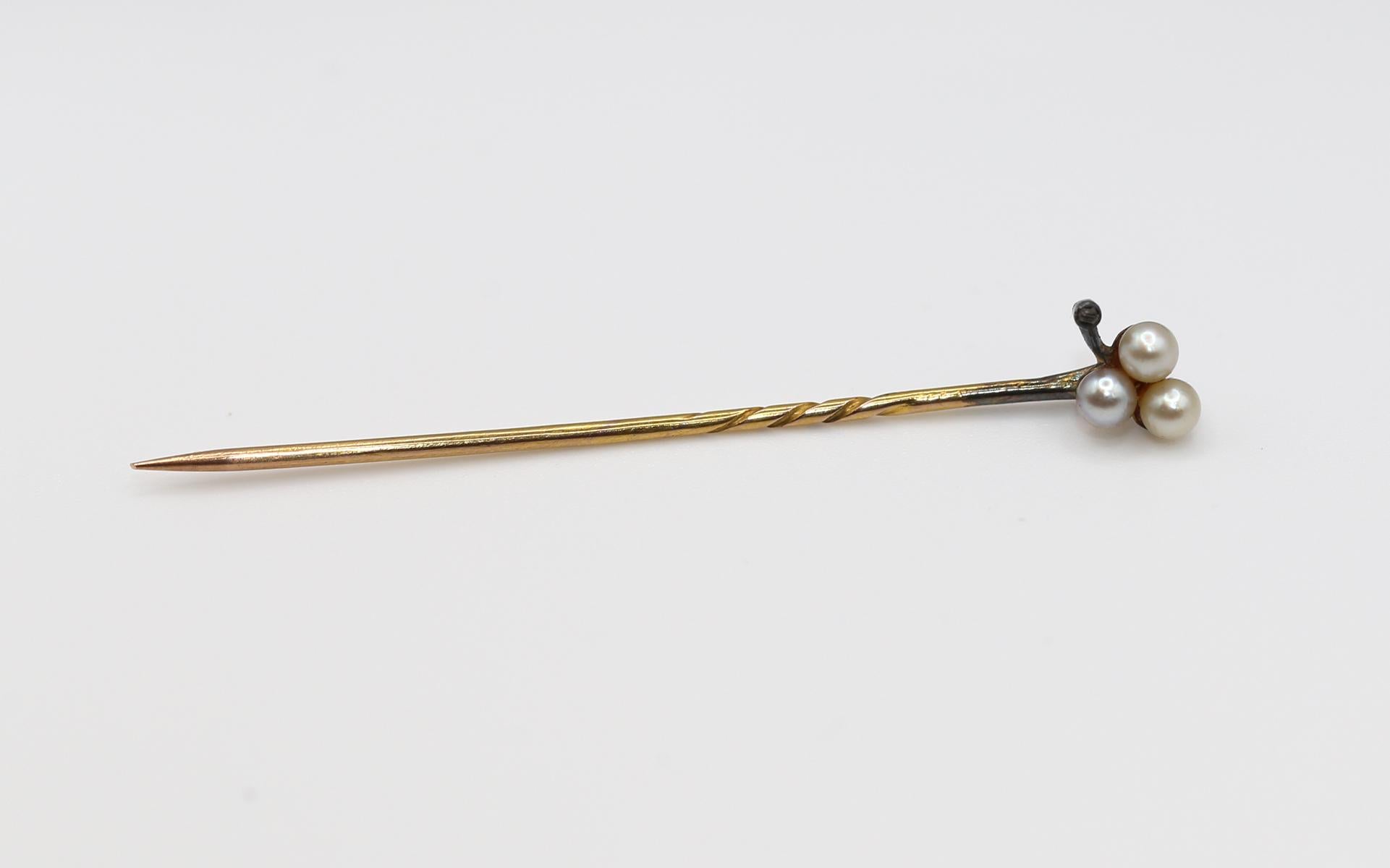 Victorian Hat Pin Brooch Clover Pearl Beads Original Box, 1890 For Sale 2