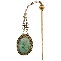 Victorian Hat Pin, Gold Vermeil, Asian Carved Green Jadeite Oval, Floral Motif