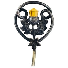 Victorian, Hat Pin, Sterling Silver, Leaf Motif with Golden Torch, circa 1850
