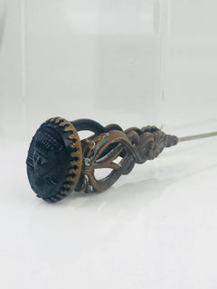 Victorian Hat Pin, Black Hand-Carved Stone Egyptian Motif, circa 1820