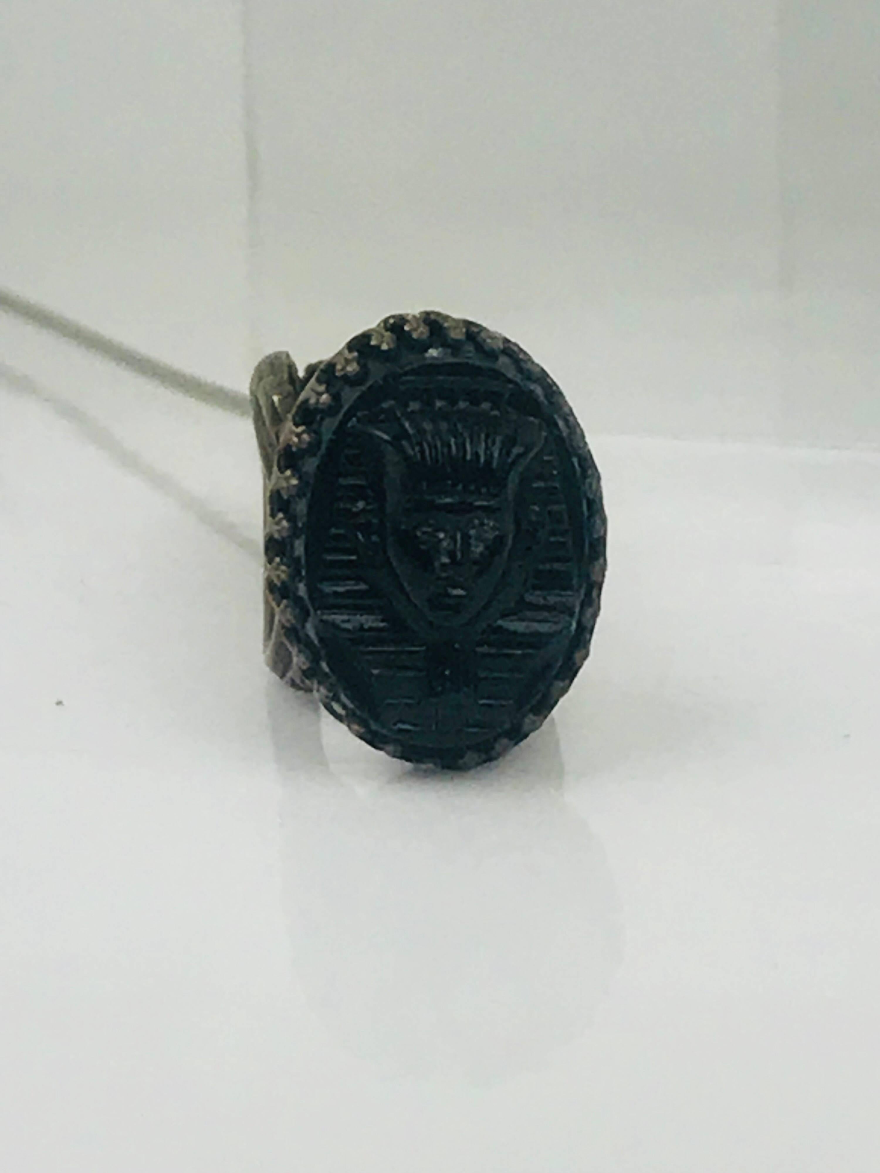 Women's Victorian Hat Pin, Black Hand-Carved Stone Egyptian Motif, circa 1820 For Sale