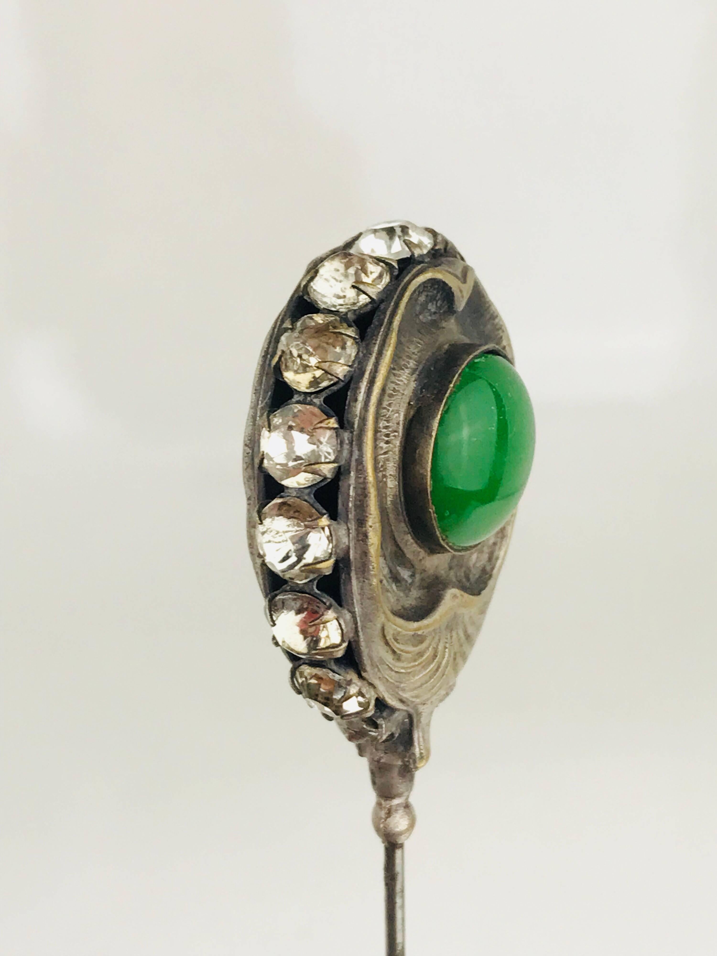 Round Cut Victorian Hat Pin, circa 1840, Sterling Silver Green Cabochons and Rhinestones For Sale