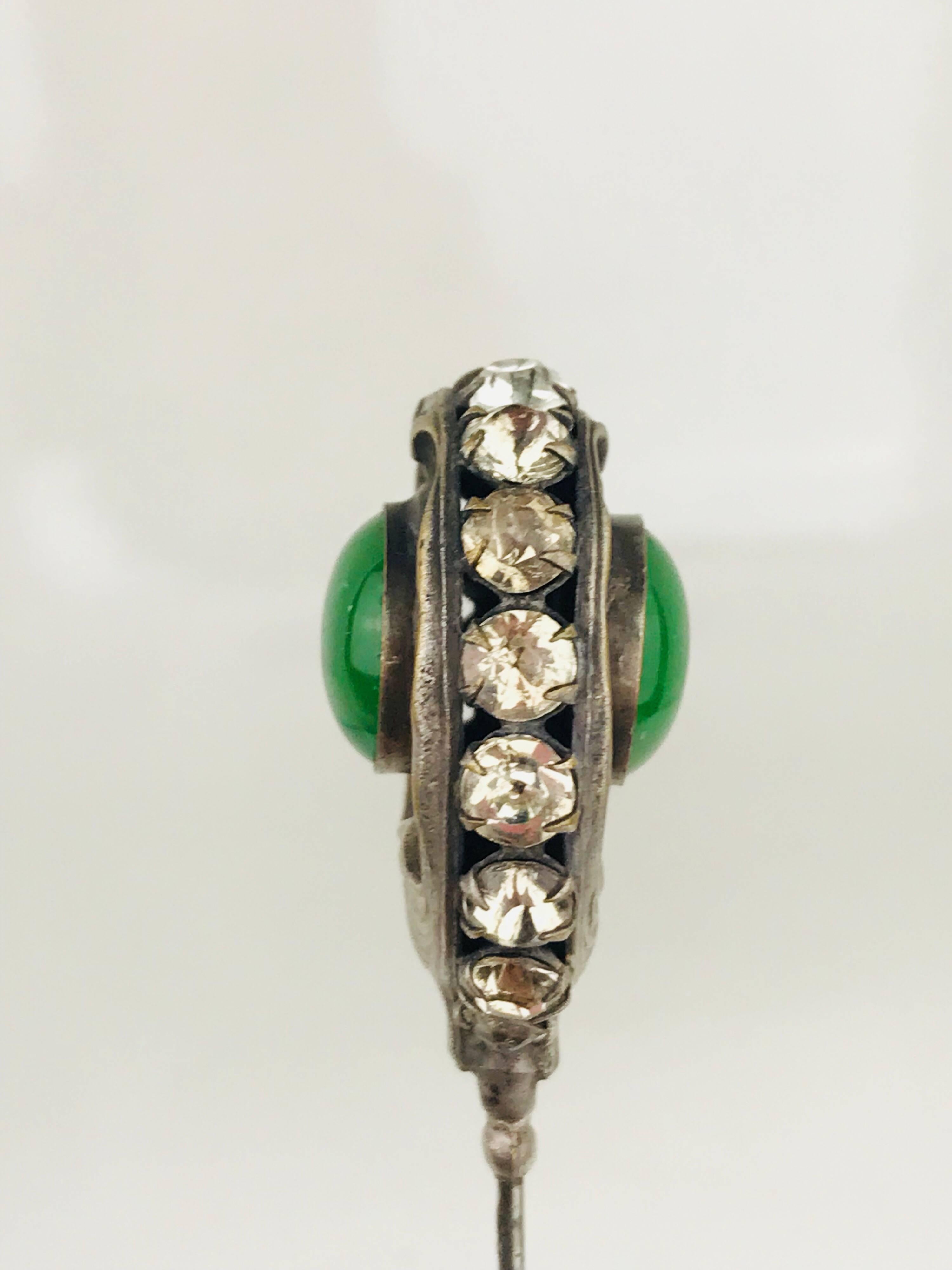 Victorian Hat Pin, circa 1840, Sterling Silver Green Cabochons and Rhinestones In Good Condition For Sale In Aliso Viejo, CA