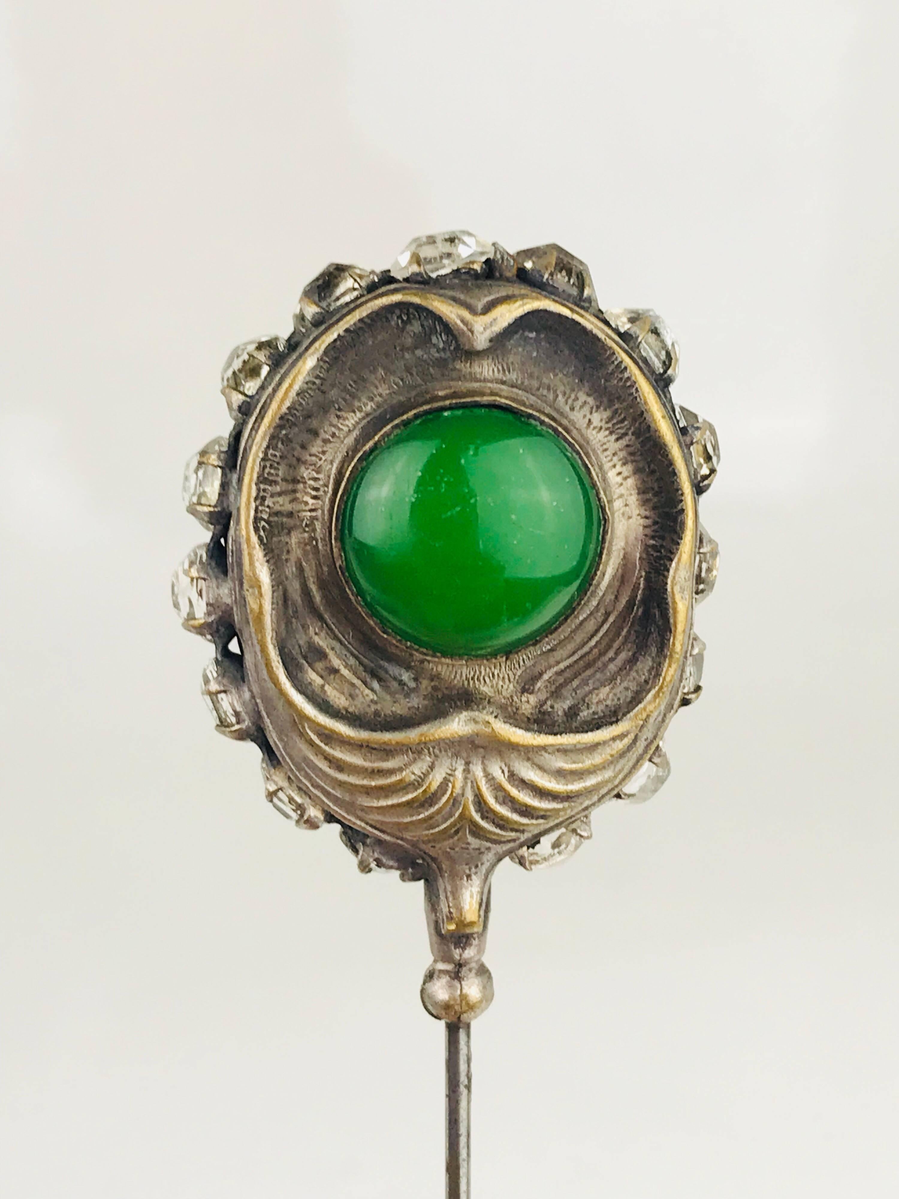 Women's or Men's Victorian Hat Pin, circa 1840, Sterling Silver Green Cabochons and Rhinestones For Sale