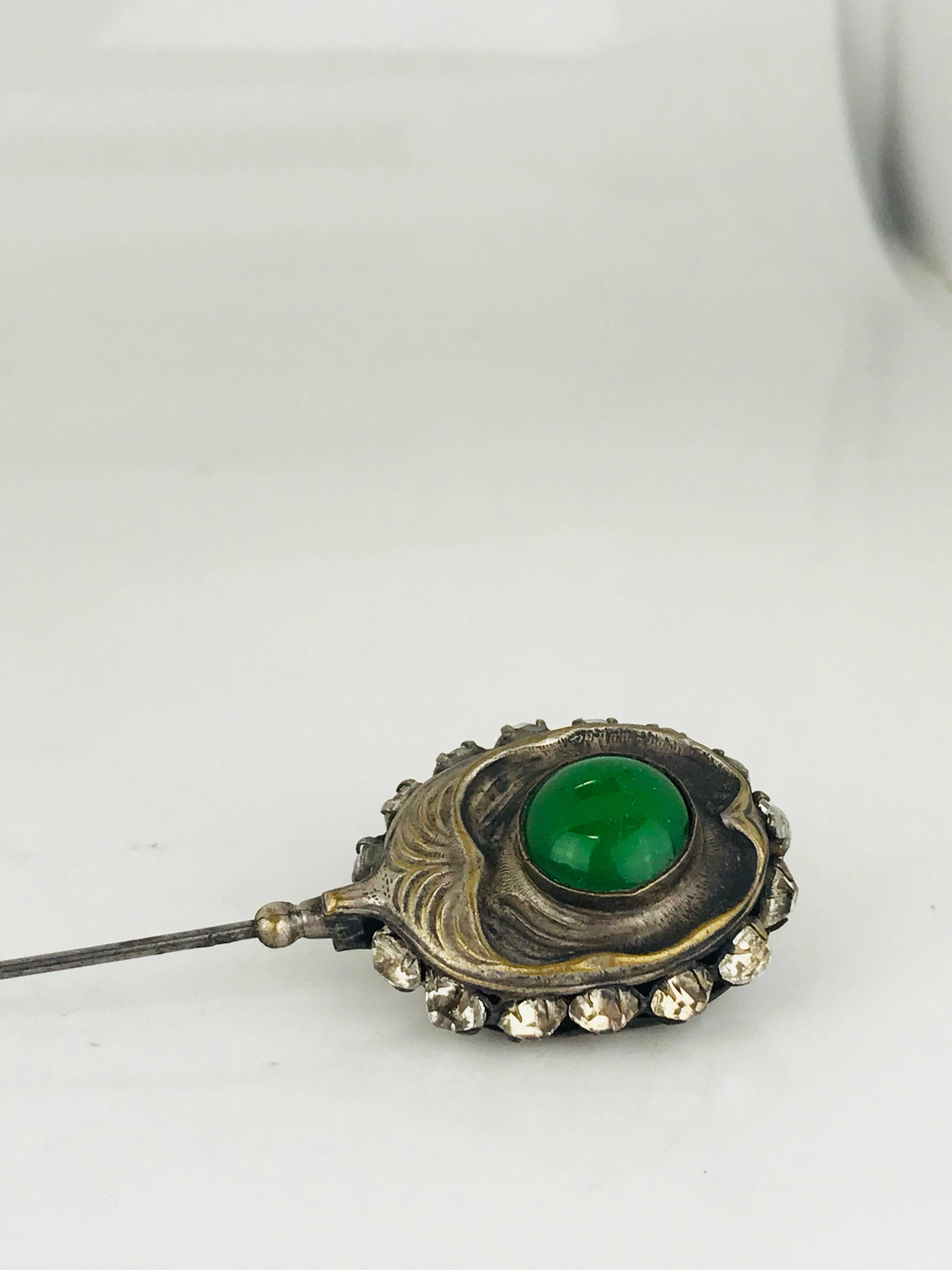 Victorian Hat Pin, circa 1840, Sterling Silver Green Cabochons and Rhinestones For Sale 1