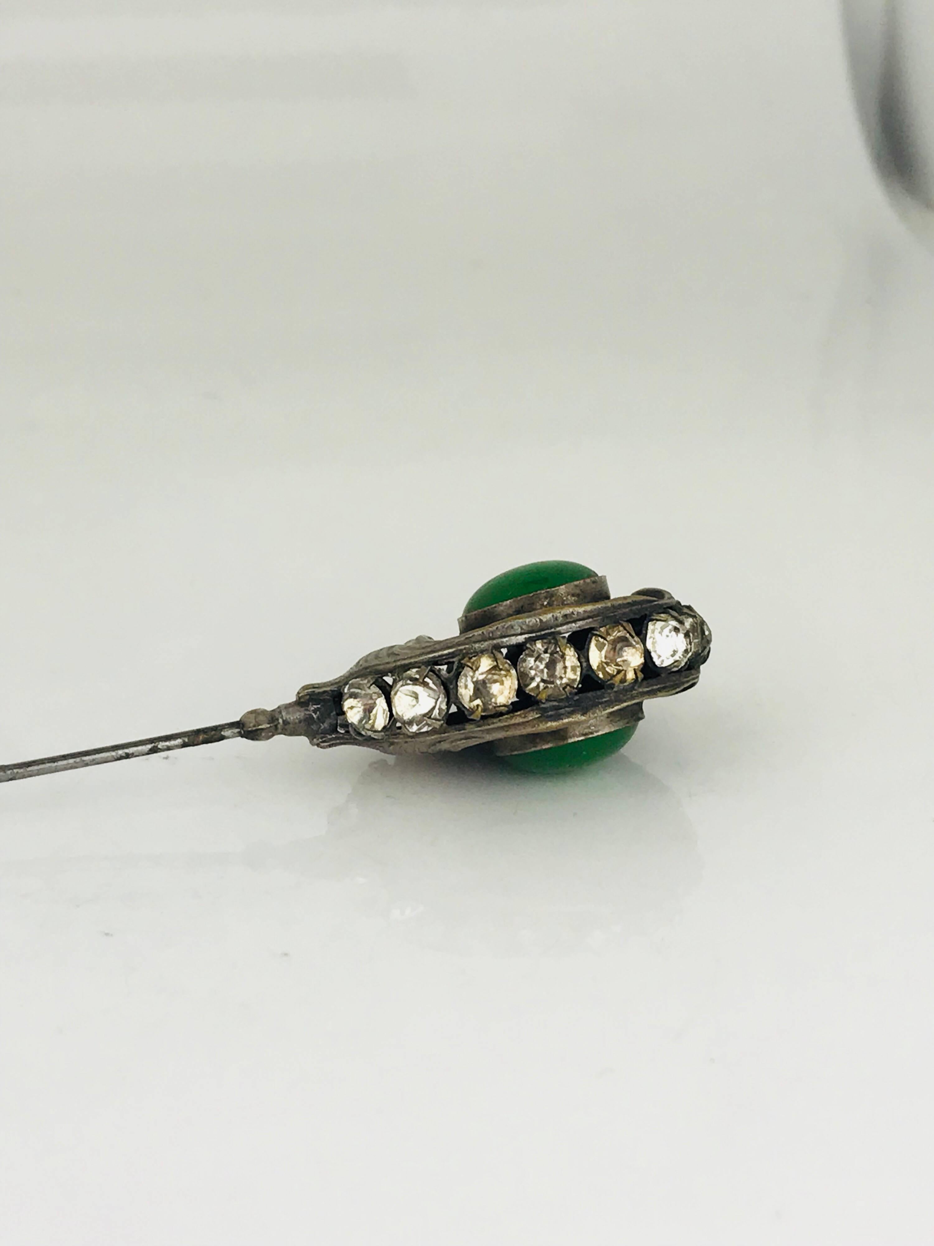 Victorian Hat Pin, circa 1840, Sterling Silver Green Cabochons and Rhinestones For Sale 2
