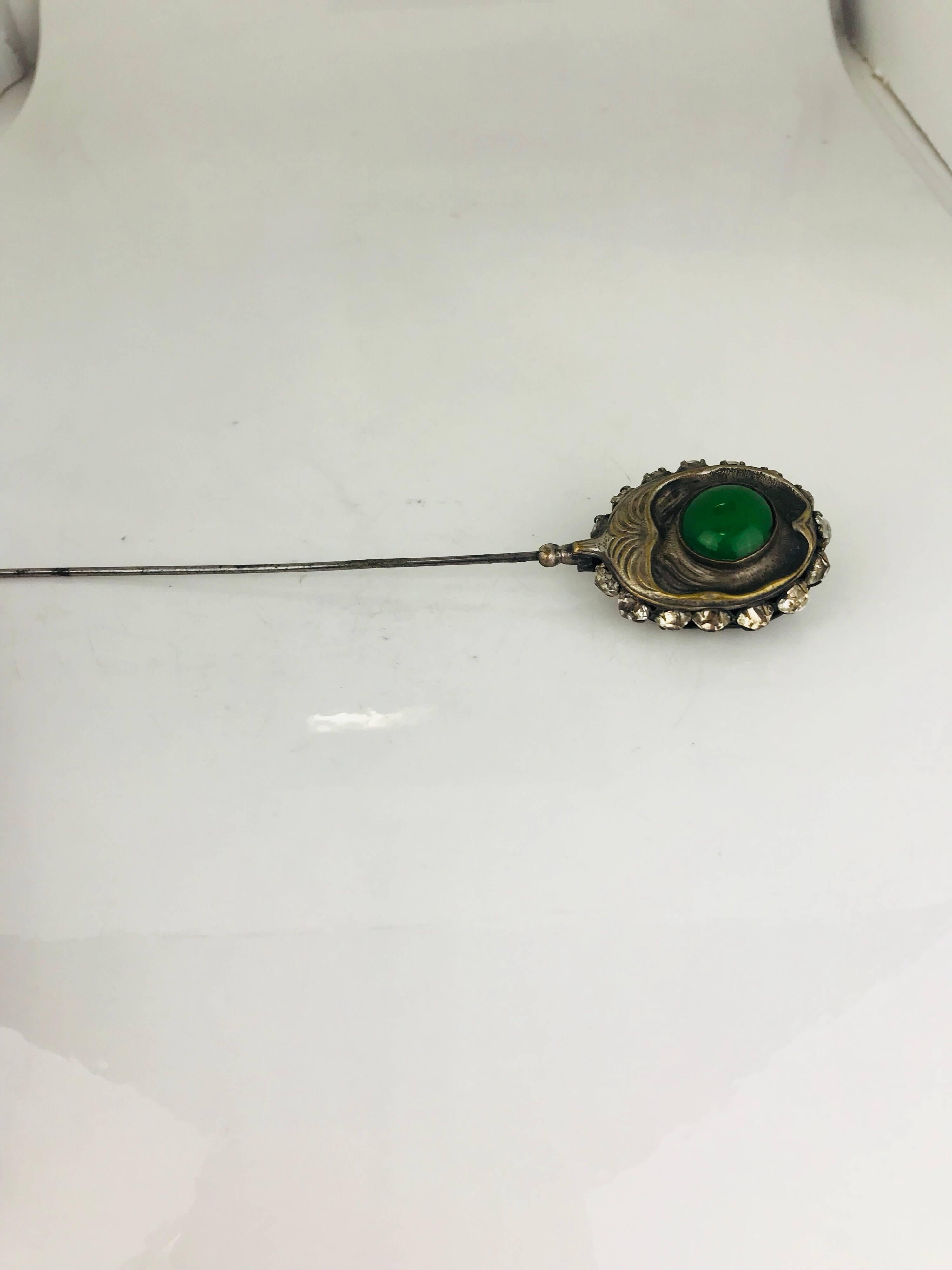 Victorian Hat Pin, circa 1840, Sterling Silver Green Cabochons and Rhinestones For Sale 3