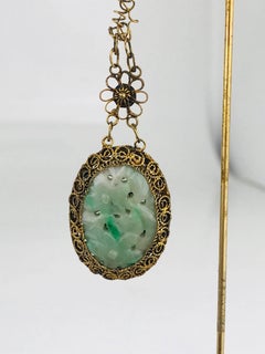 Victorian Hat Pin, Gold Vermeil, Asian Carved Green Jadeite Oval, Floral Motif