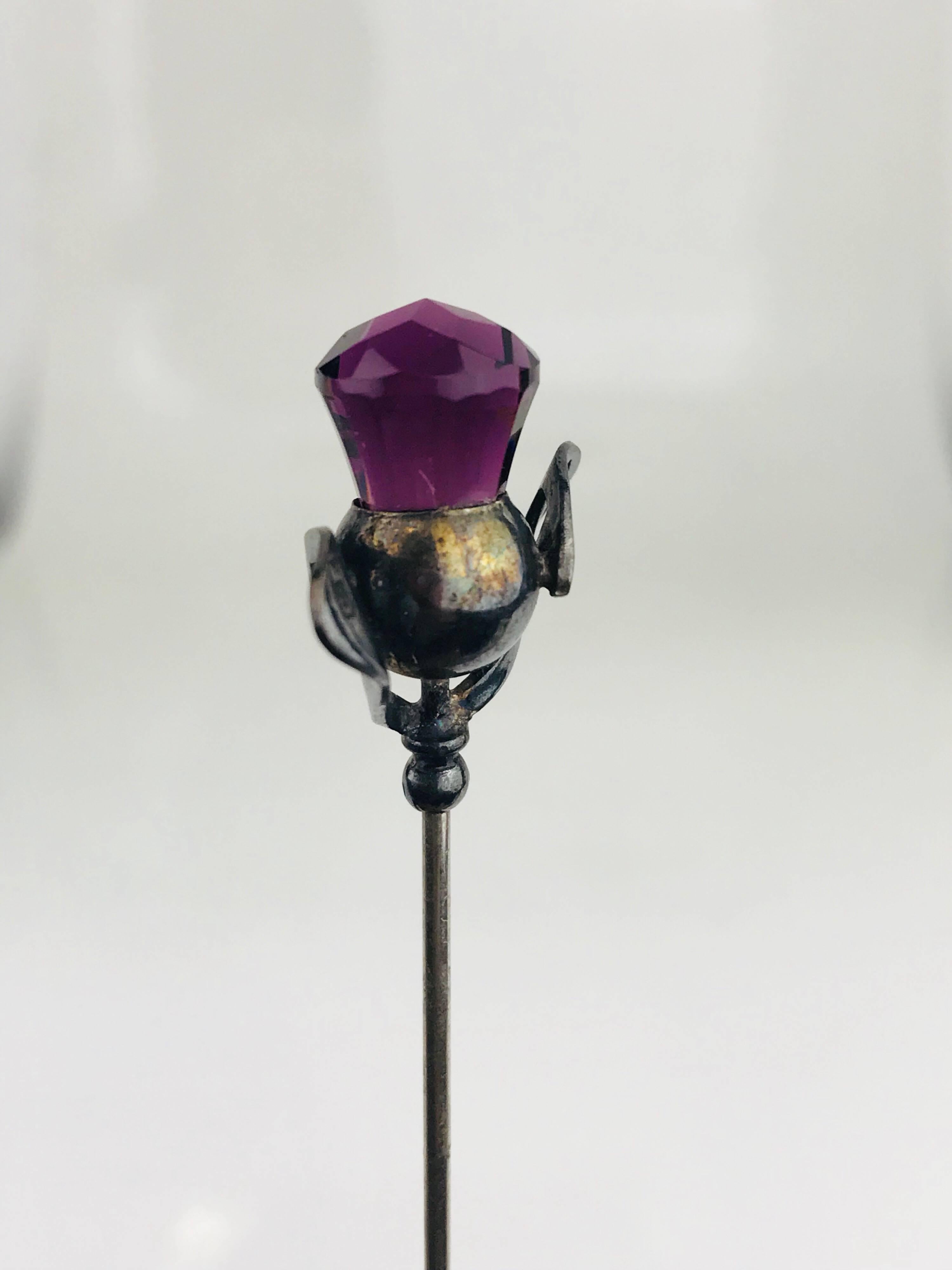 Victorian Hat Pin, Stylized Purple Thistle, Charles Horner, Sterling, circa 1837 In Excellent Condition For Sale In Aliso Viejo, CA
