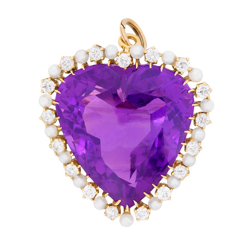 Victorian Heart Amethyst with Diamonds and Pearls Brooch Pendant, c.1900s