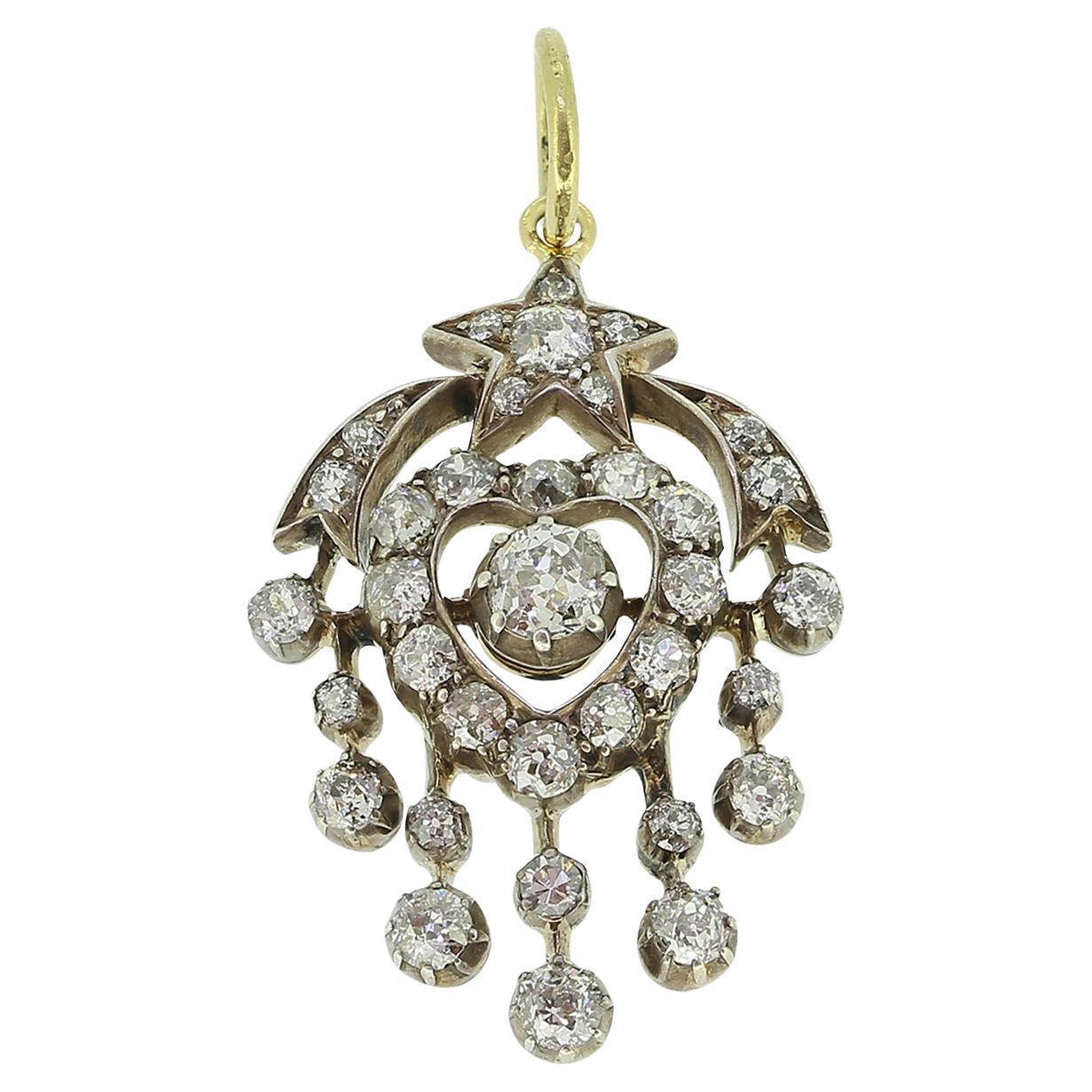 Viktorianischer Herz- und Sternschnuppen-Diamant-Anhänger im Angebot