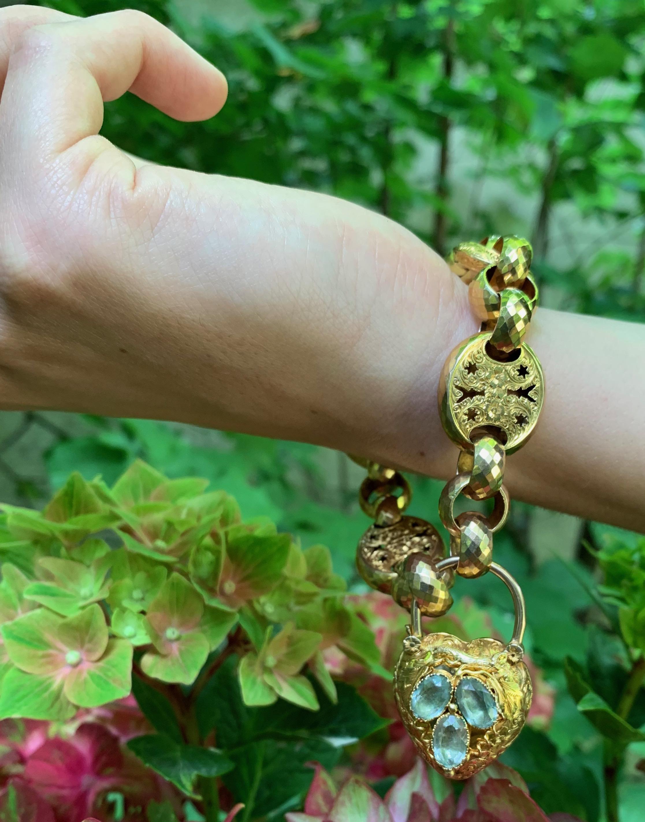 Antique Victorian Heart Locket Padlock Gold Aquamarine Grapes Link Bracelet 2