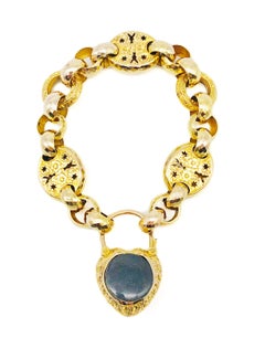Antique Victorian Heart Locket Padlock Gold Aquamarine Grapes Link Bracelet