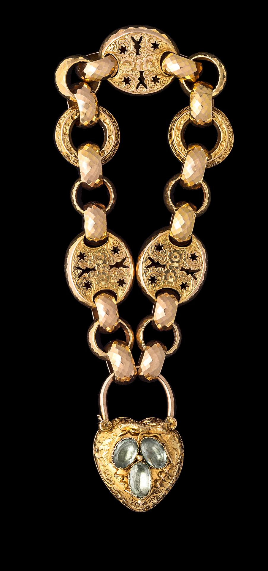 Women's Antique Victorian Heart Locket Padlock Gold Aquamarine Grapes Link Bracelet