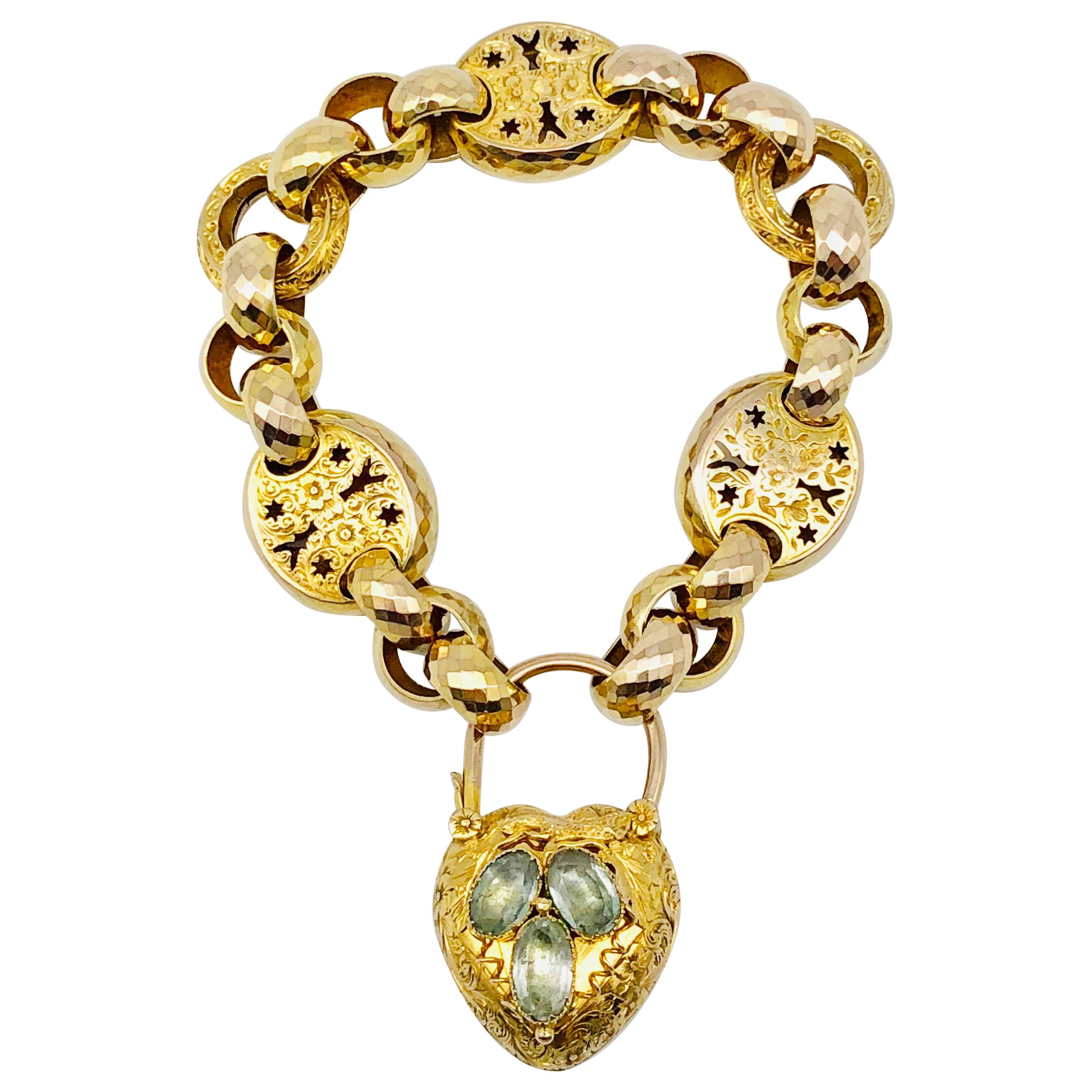 Antique Victorian Heart Locket Padlock Gold Aquamarine Grapes Link Bracelet