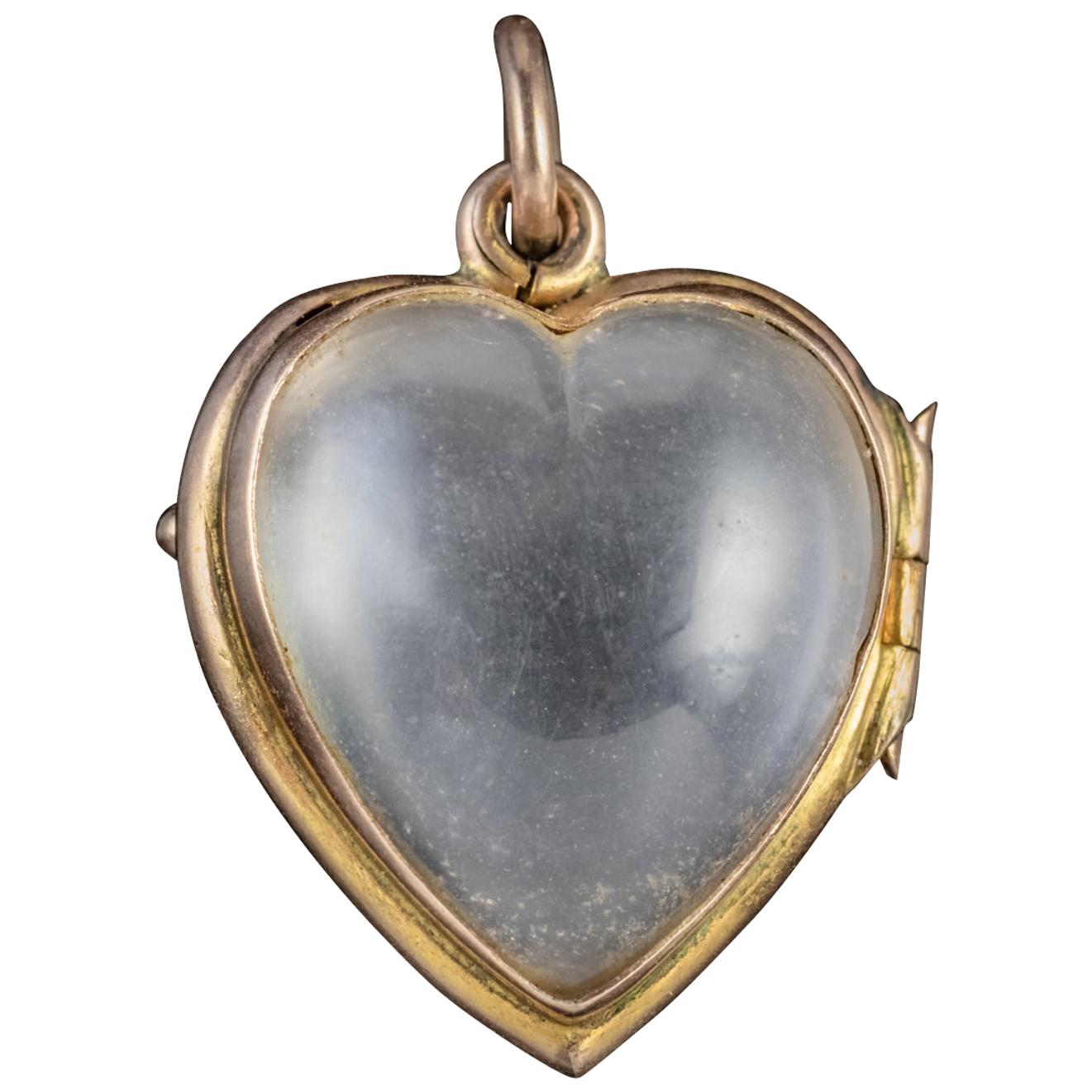 Victorian Heart Locket Pools of Light Rock Crystal 9 Carat Gold, circa 1900 For Sale