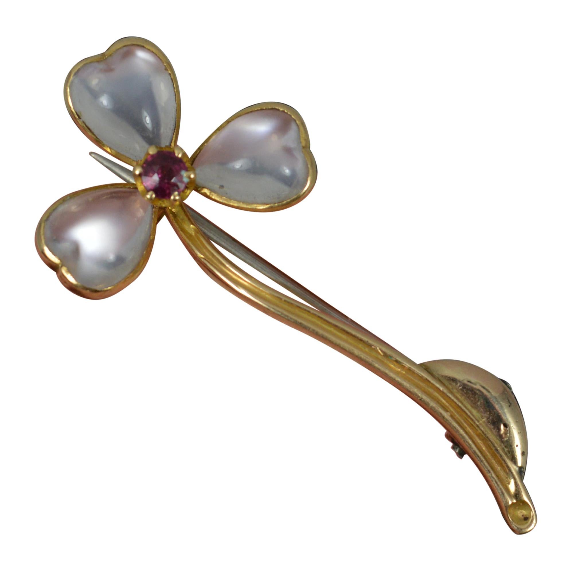 Victorian Heart Moonstone and Ruby 14ct Gold Forget Me Not Flower Brooch
