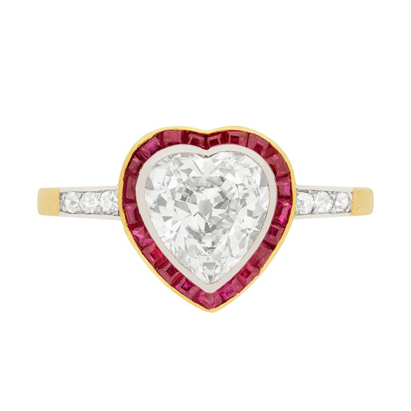 Victorian Heart Shaped Diamond and Ruby Halo Ring, circa 1900s